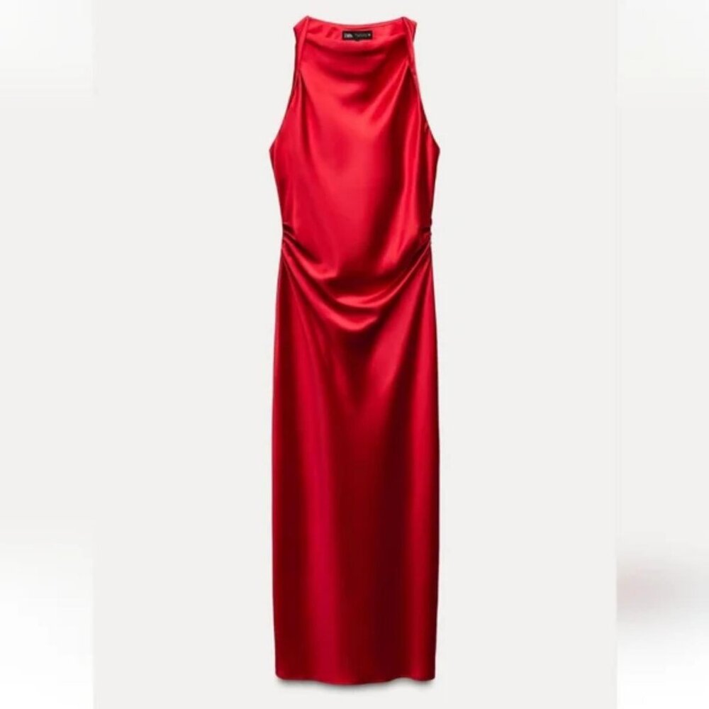 Zara Red Satin Halter Midi Dress